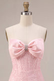 Strapless Pink Jacquard Bodycon Corset Short Homecoming Dress with Bow