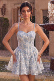 Blue A-Line Floral Embroidery Ruffle Short Homecoming Dress