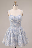 Blue A-Line Floral Embroidery Ruffle Short Homecoming Dress