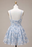 Blue A-Line Floral Embroidery Ruffle Short Homecoming Dress