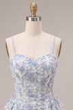 Blue A-Line Floral Embroidery Ruffle Short Homecoming Dress