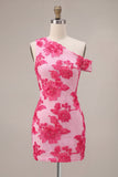Fuchsia Bodycon One Shoulder Floral Embroidery Short Homecoming Dress