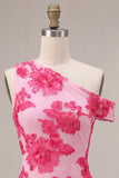 Fuchsia Bodycon One Shoulder Floral Embroidery Short Homecoming Dress