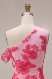 Fuchsia Bodycon One Shoulder Floral Embroidery Short Homecoming Dress
