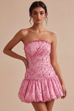 A-Line Pink Strapless Sequins Ruched Bubble Hem Short Homecoming Dress