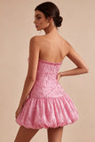 A-Line Pink Strapless Sequins Ruched Bubble Hem Short Homecoming Dress