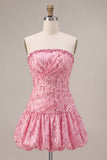 A-Line Pink Strapless Sequins Ruched Bubble Hem Short Homecoming Dress
