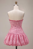 A-Line Pink Strapless Sequins Ruched Bubble Hem Short Homecoming Dress