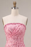A-Line Pink Strapless Sequins Ruched Bubble Hem Short Homecoming Dress