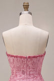 A-Line Pink Strapless Sequins Ruched Bubble Hem Short Homecoming Dress