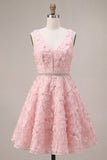 A-Line Pink V-Neck Ruffled Pearls Floral Embroidery Short Homecoming Dress