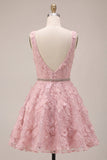 A-Line Pink V-Neck Ruffled Pearls Floral Embroidery Short Homecoming Dress