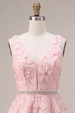 A-Line Pink V-Neck Ruffled Pearls Floral Embroidery Short Homecoming Dress