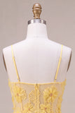 Yellow A-Line Pearls Floral Embroidery Short Homecoming Dress with Ruffles