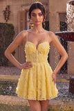 Yellow A-Line Pearls Floral Embroidery Short Homecoming Dress with Ruffles