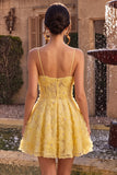 Yellow A-Line Pearls Floral Embroidery Short Homecoming Dress with Ruffles