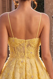 Yellow A-Line Pearls Floral Embroidery Short Homecoming Dress with Ruffles