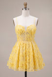 Yellow A-Line Pearls Floral Embroidery Short Homecoming Dress with Ruffles