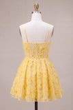 Yellow A-Line Pearls Floral Embroidery Short Homecoming Dress with Ruffles