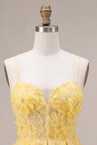 Yellow A-Line Pearls Floral Embroidery Short Homecoming Dress with Ruffles