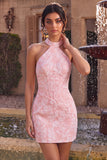 Pink Floral Halter Neck Bodycon Corset Jacquard Short Homecoming Dress