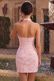 Pink Floral Halter Neck Bodycon Corset Jacquard Short Homecoming Dress