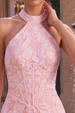 Pink Floral Halter Neck Bodycon Corset Jacquard Short Homecoming Dress
