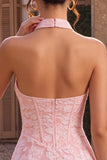 Pink Floral Halter Neck Bodycon Corset Jacquard Short Homecoming Dress