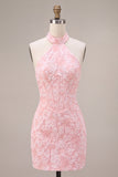 Pink Floral Halter Neck Bodycon Corset Jacquard Short Homecoming Dress