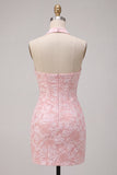 Pink Floral Halter Neck Bodycon Corset Jacquard Short Homecoming Dress