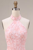 Pink Floral Halter Neck Bodycon Corset Jacquard Short Homecoming Dress