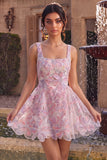 Lilac Square Neck A-Line Pearls Short Homecoming Dress with Floral Embroidery
