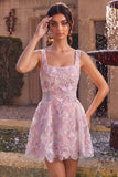 Lilac Square Neck A-Line Pearls Short Homecoming Dress with Floral Embroidery