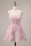 Lilac Square Neck A-Line Pearls Short Homecoming Dress with Floral Embroidery