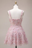 Lilac Square Neck A-Line Pearls Short Homecoming Dress with Floral Embroidery