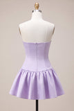Lilac Satin Strapless A-Line Ruffle Short Homecoming Dress