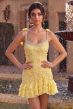Yellow Bodycon Beaded Ruffled Floral Embroidery Homecoming Dress with Rhinestone Trim