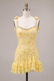 Yellow Bodycon Beaded Ruffled Floral Embroidery Homecoming Dress with Rhinestone Trim