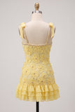 Yellow Bodycon Beaded Ruffled Floral Embroidery Homecoming Dress with Rhinestone Trim