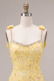 Yellow Bodycon Beaded Ruffled Floral Embroidery Homecoming Dress with Rhinestone Trim