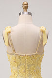 Yellow Bodycon Beaded Ruffled Floral Embroidery Homecoming Dress with Rhinestone Trim