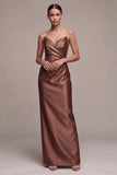 Coffee Strapless Ruched Sheath Satin Long Formal Dress with Slit