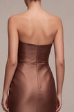 Coffee Strapless Ruched Sheath Satin Long Formal Dress with Slit