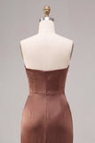 Coffee Strapless Ruched Sheath Satin Long Formal Dress with Slit