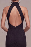 Halter Neck Black Mermaid Long Formal Dress with Lace