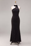 Halter Neck Black Mermaid Long Formal Dress with Lace