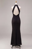 Halter Neck Black Mermaid Long Formal Dress with Lace