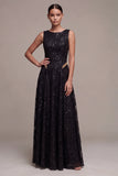 A-Line Black Round Neck Sequins Long Formal Dress
