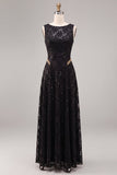 A-Line Black Round Neck Sequins Long Formal Dress