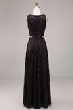 A-Line Black Round Neck Sequins Long Formal Dress